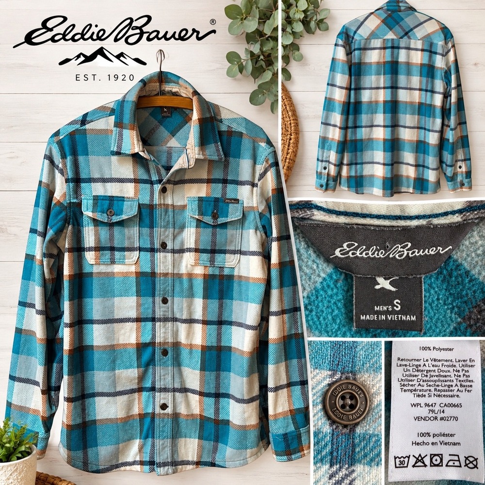 Eddie Bauer Mens Blue Plaid Fleece Button Down Shirt Size S Long Sleeve Cabin